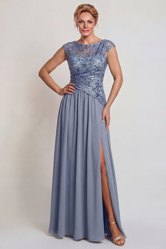 Robe de mère de la mariée trapèze gris bleu scintillant avec applications et fente