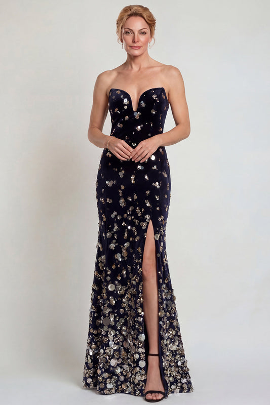 Robe de sirène bustier noire et argentée scintillante pour la mère de la mariée avec des paillettes