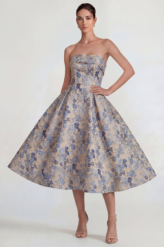 Grey Blue Jacquard Strapless A-Line Midi Dress with Back Zipper
