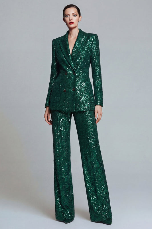Costumes de bal pour femme à double boutonnage 2 pièces à revers en pointe et paillettes vert foncé