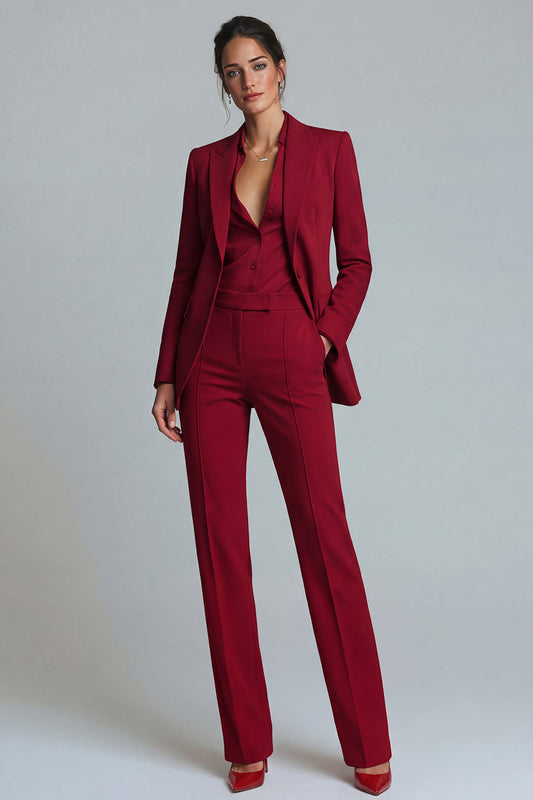 Costumes de travail pour femmes deux pièces bordeaux à revers crantés