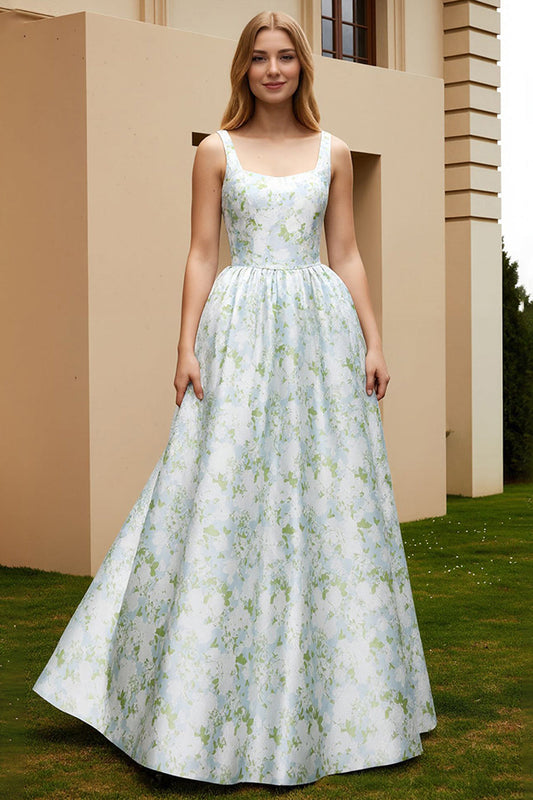 Robe de soirée longue trapèze imprimée fleurs bleu et blanc