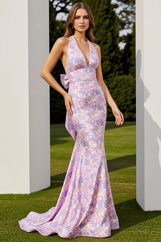 Robe de bal longue lilas sirène florale à licou avec nœud