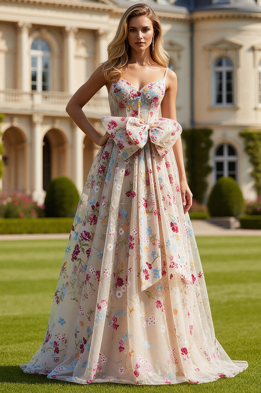 Robe de bal longue en dentelle à laçage au dos coupe A avec corset, fleur d'ivoire et nœud