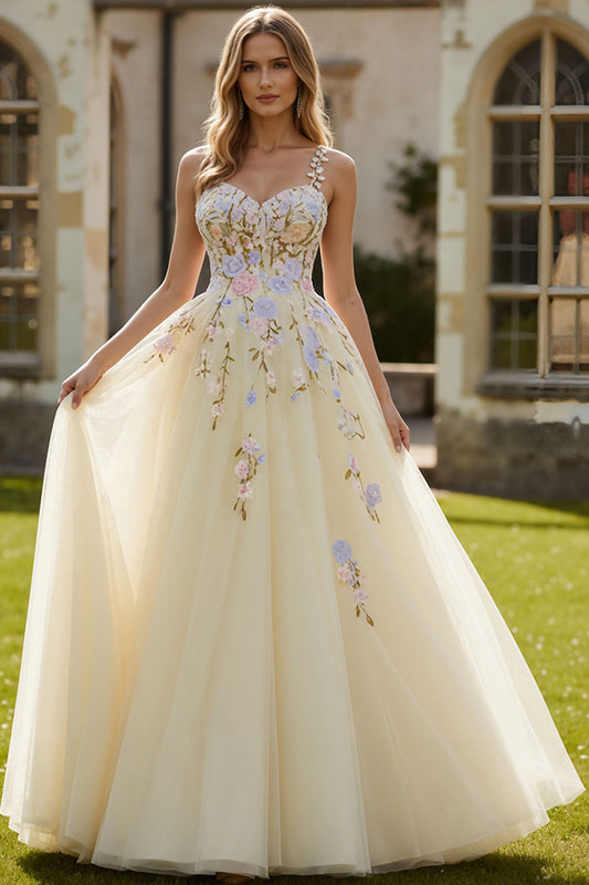 Robe de bal longue en tulle brodé jaune clair, coupe trapèze à bretelles spaghetti