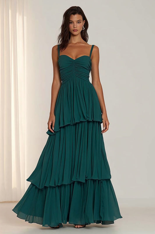 Robe de demoiselle d'honneur longue vert foncé à bretelles spaghetti et volants, coupe trapèze