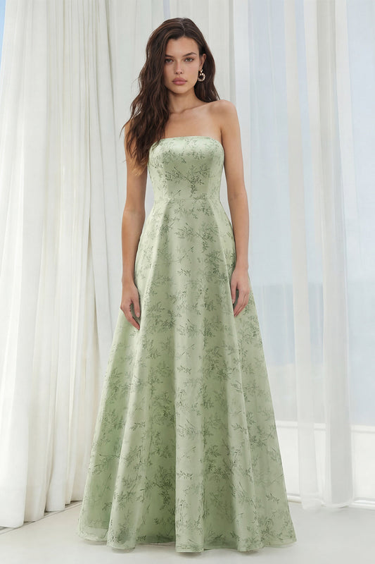 Robe longue de demoiselle d'honneur trapèze bustier florale sauge poussiéreuse