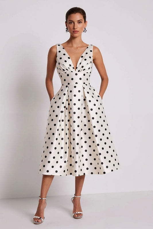 Vestido de trabajo midi con cuello en V, corte A y lunares blancos y negros con bolsillos