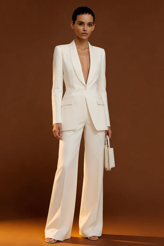 Costumes de travail 2 pièces pour femmes à boutonnage simple avec revers en châle ivoire