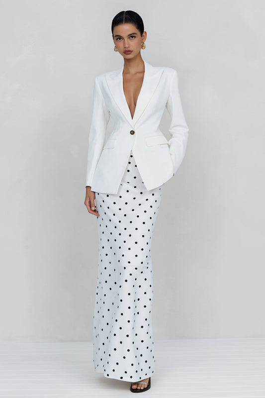 Robe de travail 2 pièces à revers crantés ivoire à pois