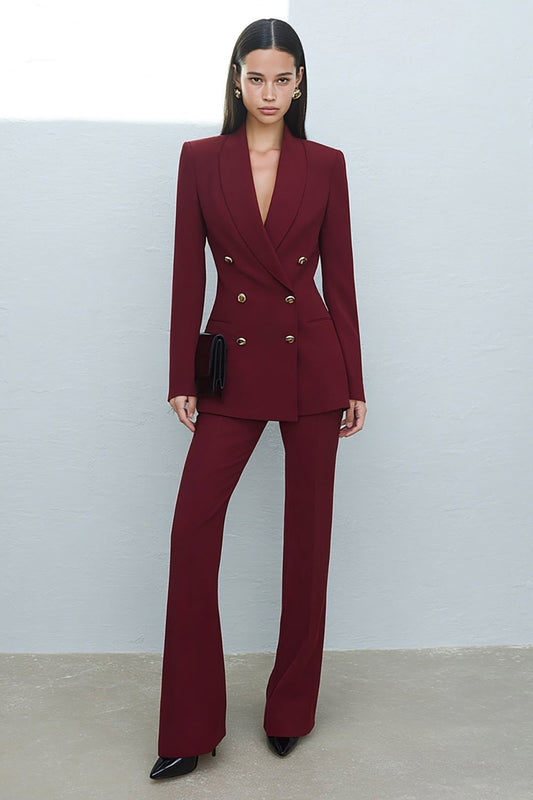 Tailleur Femme de Travail avec Revers en Soie, Croisé, Deux Pièces, Bordeaux
