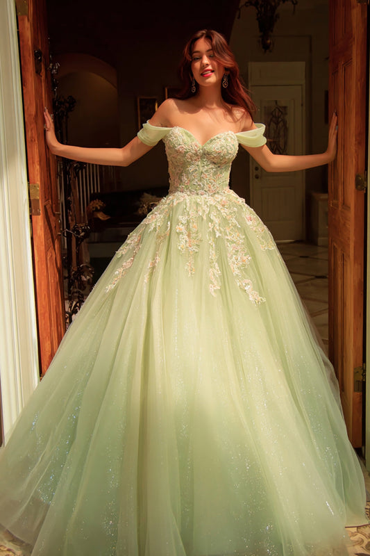 Robe de bal de Quinceañera verte avec applications, épaules dénudées