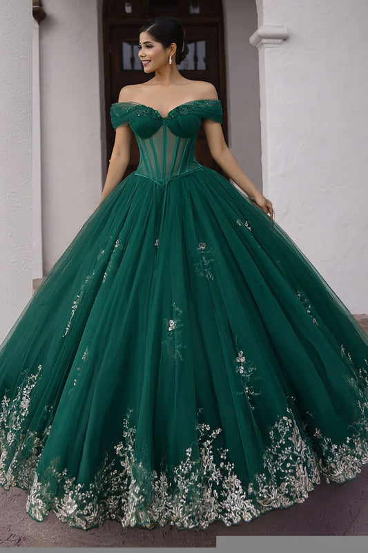 Robe de Quinceañera vert foncé avec corset, appliqués et col bateau