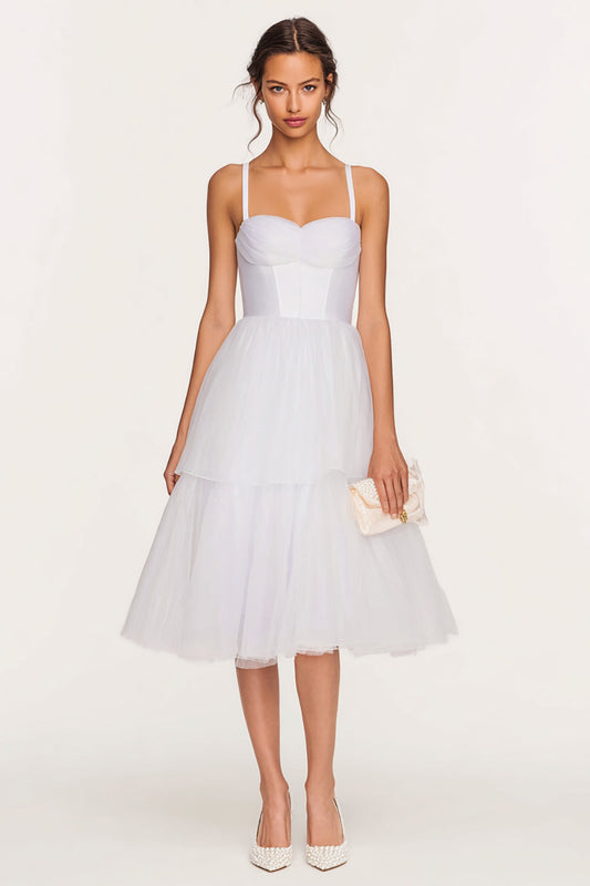 White Spaghetti Straps A-line Tiered Knee-Length Engagement Dress
