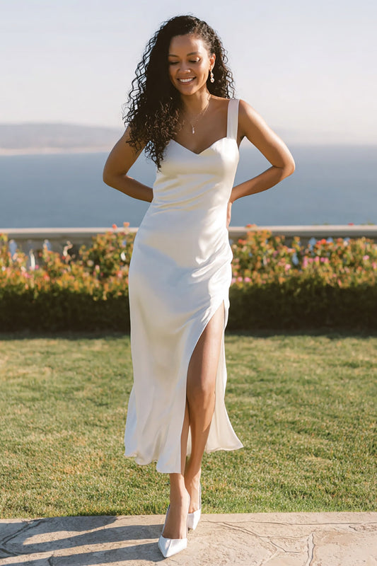 Vestido de compromiso blanco hasta los tobillos tipo vaina con tirantes gruesos y abertura