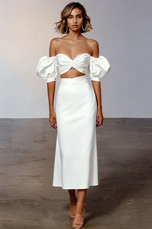 White Cut Out Satin Off-the-Shoulder Long Engagement Dress