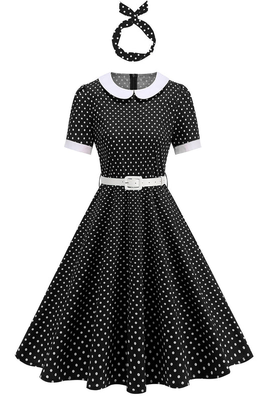 Round Neck Polka Dot Black A-Line 1950s Dress