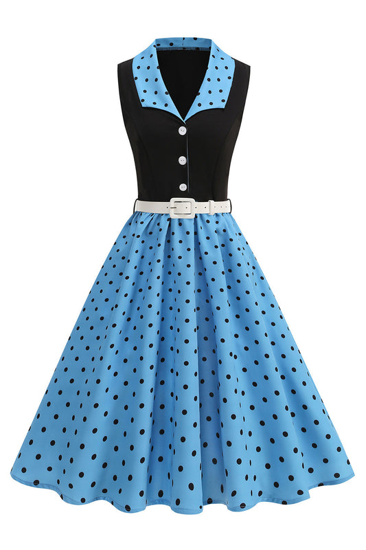 Blue A-Line Polka Dot Shawl Lapel 1950s Dress