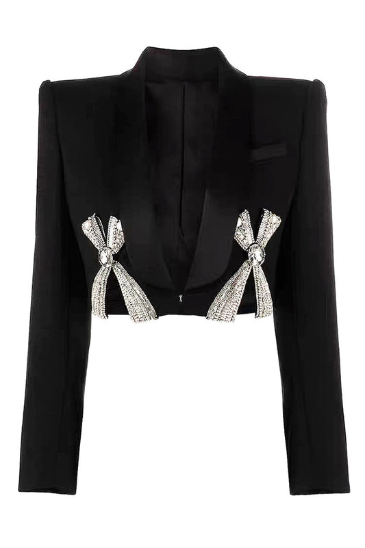 Black Velvet Shawl Lapel Women's Blazer with Bow