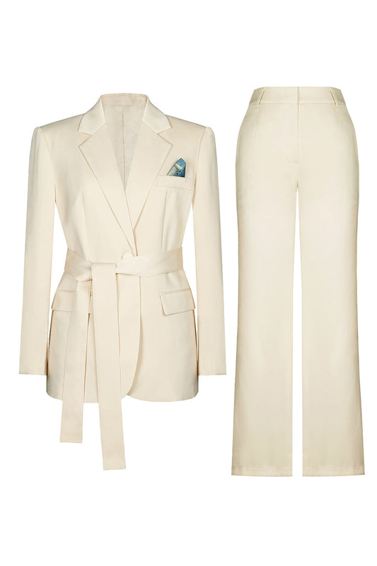 Ivory 2-Piece Notched Lapel Women's Suit with Belt
