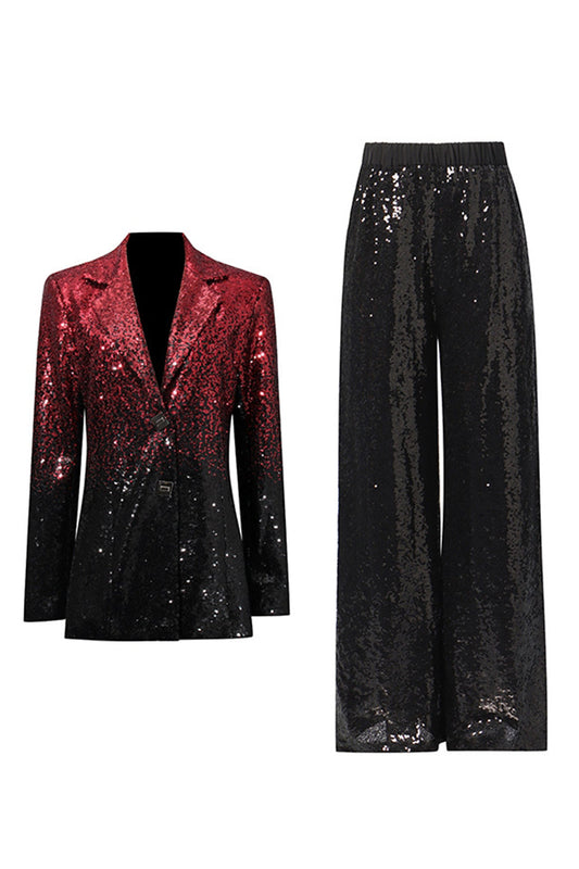 Costume de bal femme 2 pièces scintillant noir et rouge, à revers cranté, coupe droite