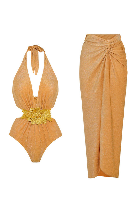 Golden 2-Piece Halter 3D Flower Swimsuit with Beach Dress