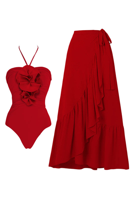 Red 2 Piece Halter 3D Flower Ruffled Swimsuit with Beach Dress