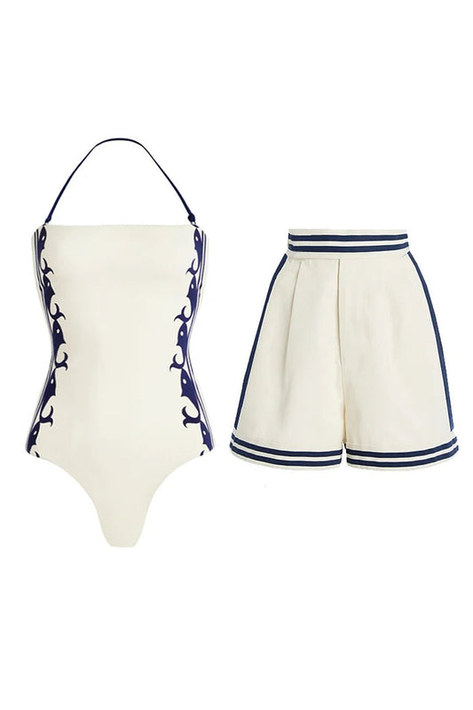 White 2-Piece Halter Swimsuit with Shorts