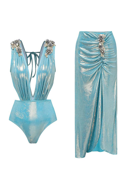 Metallic Blue V-Neck 2 Piece Beaded Swimsuit with Beach Dress
