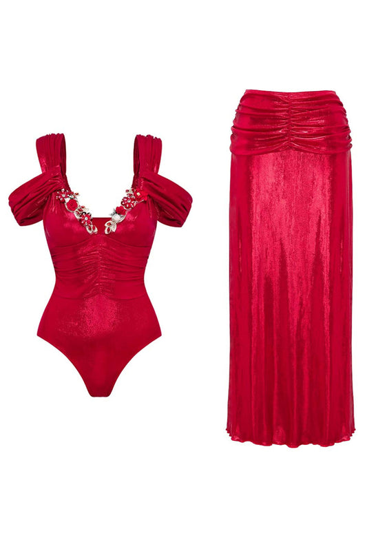 Red Cold Shoulder 2 Piece 3D Flower Swimsuit with Beach Dress