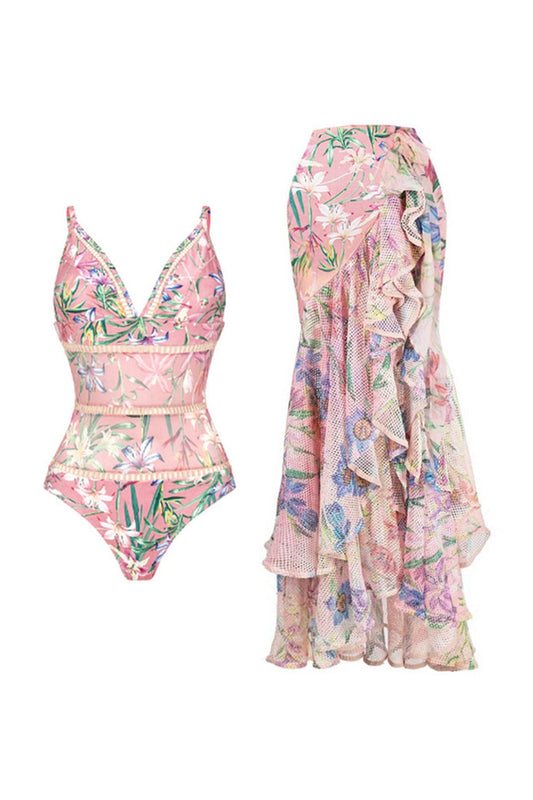 Pink Floral Ruffled Spaghetti Straps Two-Piece Swimsuit with Beach Dress