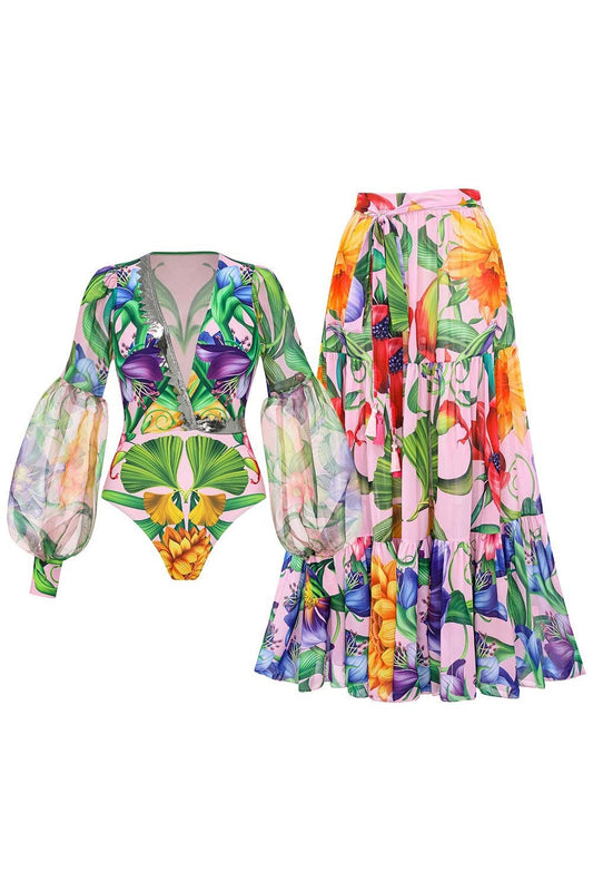 Maillot de bain 2 pièces à manches longues et col en V, motif floral rose, avec robe de plage