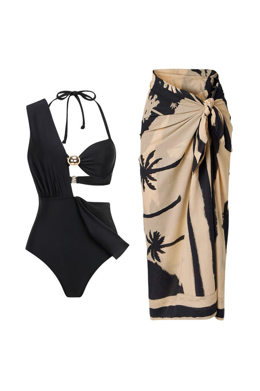 Black Convertible 3 Piece Halter Swimsuit with Cover Up