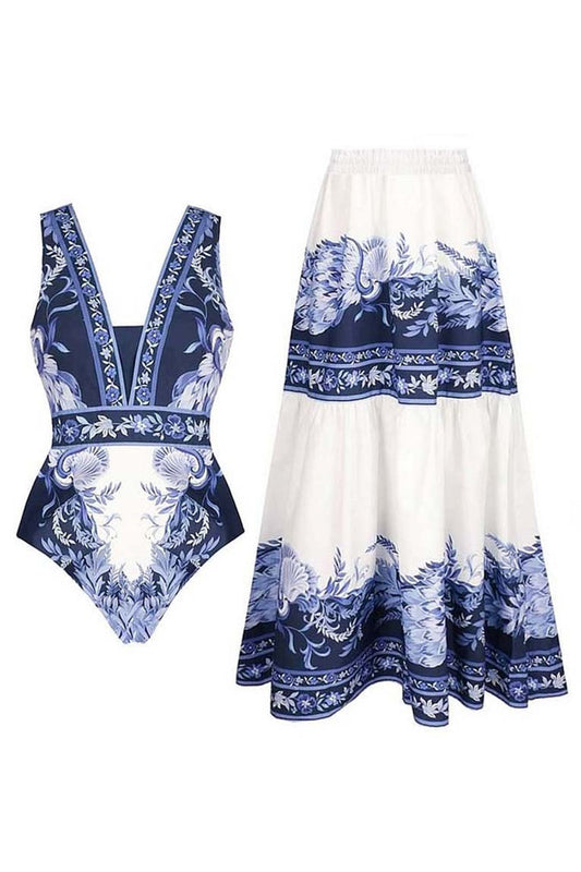 2-Piece White and Blue V-Neck Floral Print Swimsuit with Cover-Up