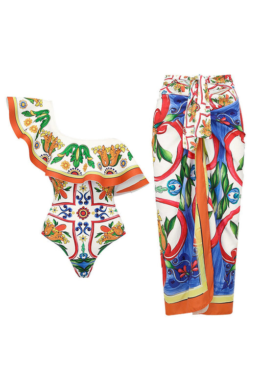 Maillot de bain deux pièces asymétrique imprimé orange et bleu avec robe paréo