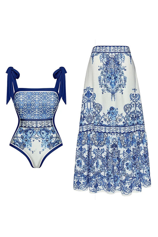 Maillot de bain 2 pièces imprimé bleu blanc à bretelles avec paréo