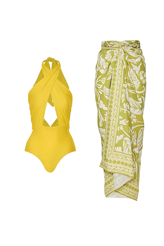 Maillot de bain 2 pièces jaune avec découpes et paréo