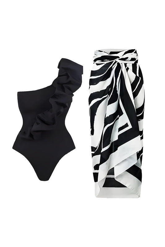 One Shoulder Black 2 Piece Ruffled Swimwear with Cover Up Dress