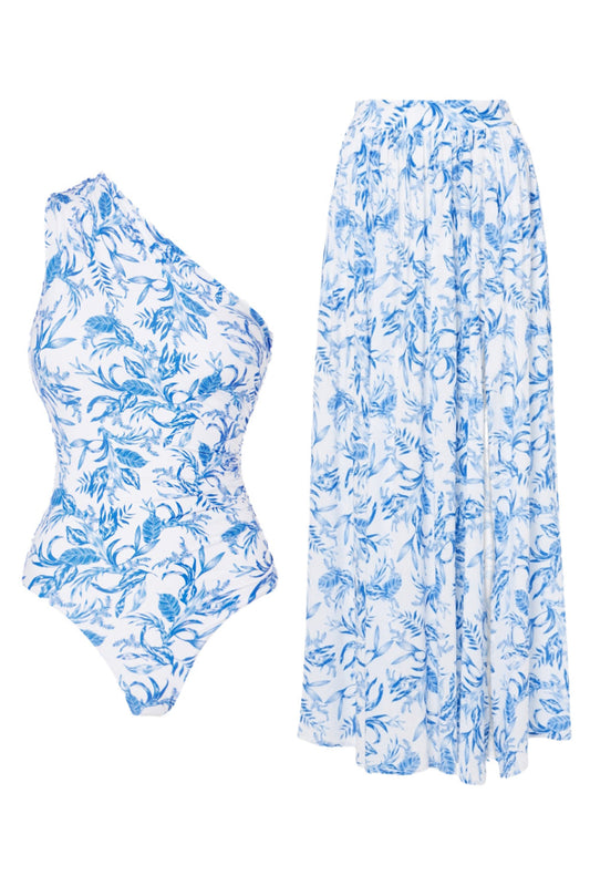 Traje de Baño de Dos Piezas con Estampado Floral Azul y Blanco de un Solo Hombro con Vestido de Playa