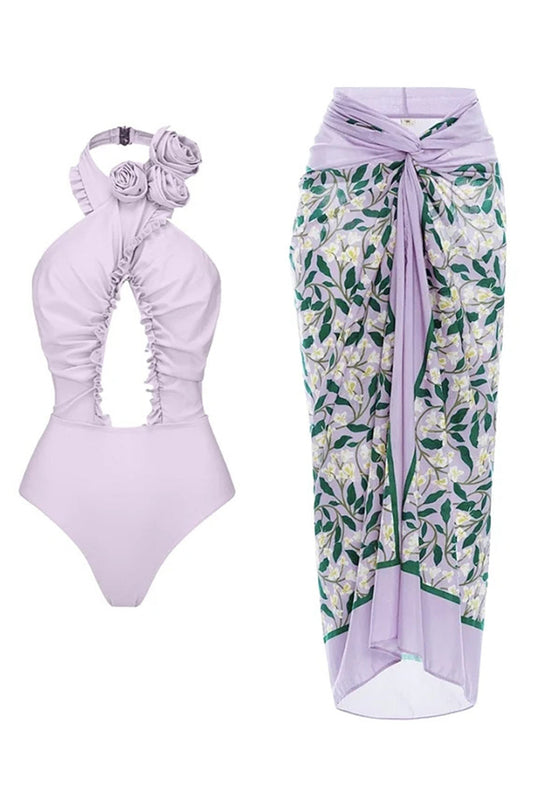 Maillot de bain lilas 2 pièces à fleurs 3D découpées avec robe par-dessus