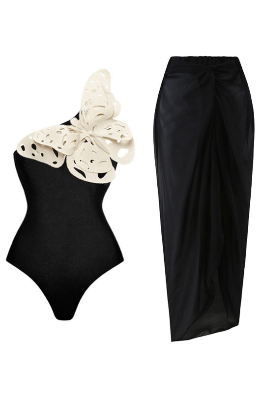 Black 2-Piece One-Shoulder Appliqued Butterfly Swimsuit with Beach Dress