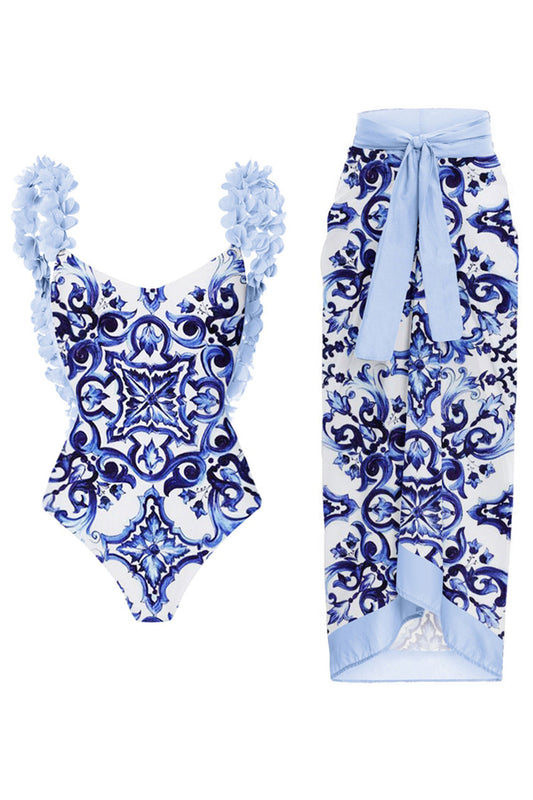 Maillot de bain imprimé bleu à volants 2 pièces avec paréo