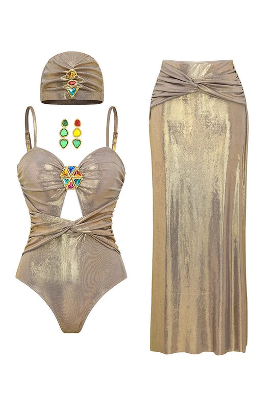 Metallic Golden 4 Piece Cut Out Swimwear Set with Cover Up
