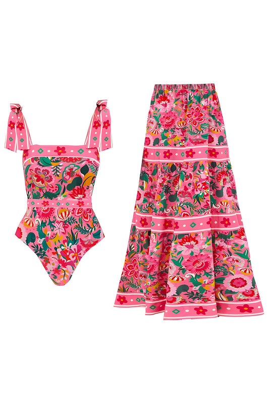 Maillot de bain 2 pièces fuchsia floral gainant avec robe de plage