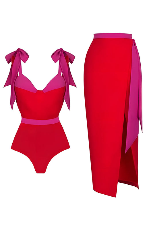 Red 2-Piece Spaghetti Strap Swimsuit with Beach Dress