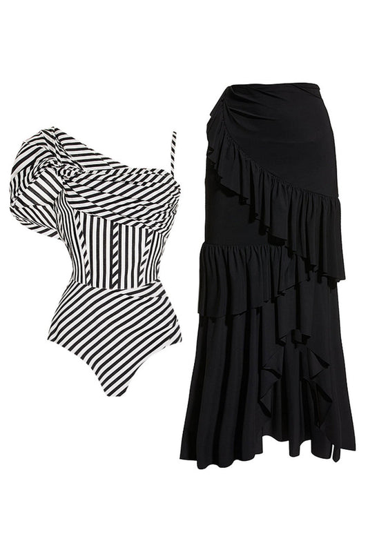Black Striped 2-Piece Ruffled Swimsuit with Beach Dress