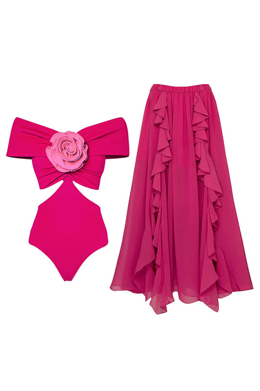 Fuchsia Off-The-Shoulder Two-Piece 3D Flower Swimsuit with Beach Dress
