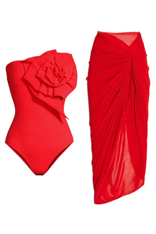 Red Strapless 2 Piece Ruched Swimsuit with Cover Up