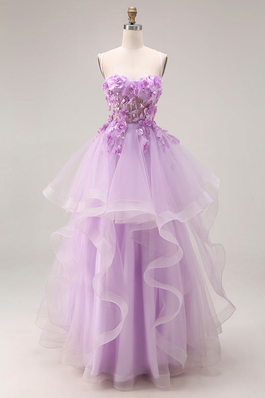 Robe de bal longue en organza lilas, bustier en cœur, ligne A, dos lacé, avec appliques