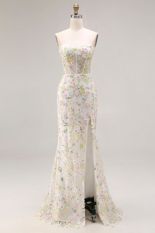 Robe de bal longue bustier sirĂšne Ă fleurs blanches avec fente